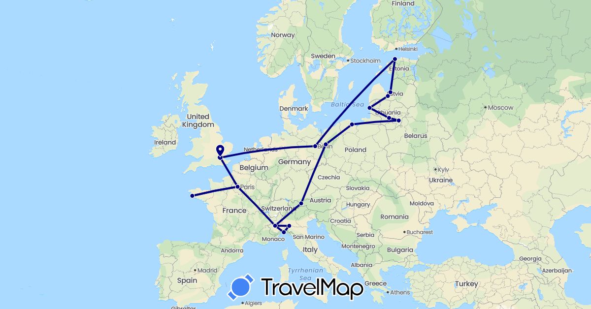 TravelMap itinerary: driving in Austria, Germany, Estonia, France, United Kingdom, Italy, Lithuania, Latvia, Poland (Europe)