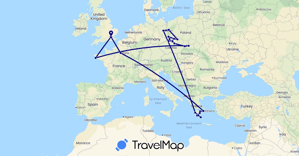 TravelMap itinerary: driving in Germany, France, United Kingdom, Greece, Poland (Europe)