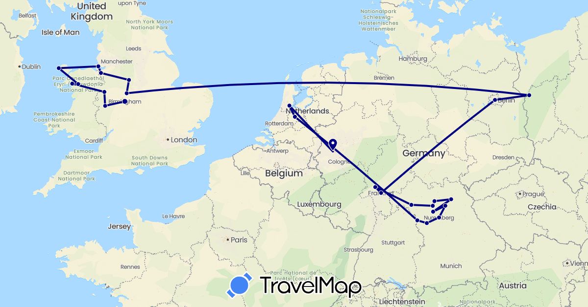 TravelMap itinerary: driving in Germany, United Kingdom, Netherlands, Poland (Europe)